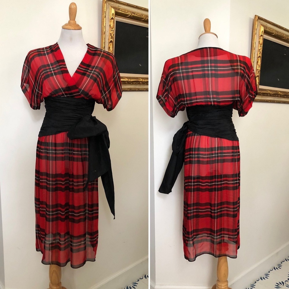 Albert Nipon sheer red black plaid batwing cinch taffeta wrapped waist dress